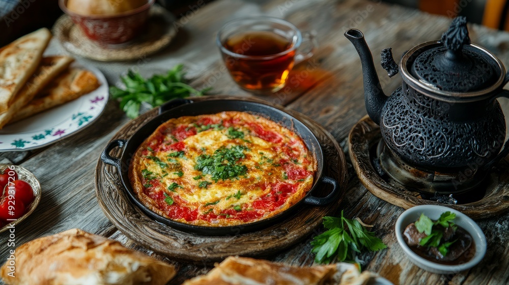 Sahanda sucuklu yumurta, or Turkish omelette with sucuk, tea, and bread, is a common breakfast dish in Turkey. Sucuklu Yumurta Sahanda sucuklu yumurta, or Turkish omelette with sucuk, tea, and bread, is a common breakfast dish in Turkey. Sucuklu Yumurta