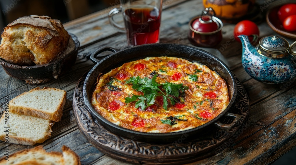 Sahanda sucuklu yumurta, or Turkish omelette with sucuk, tea, and bread, is a common breakfast dish in Turkey. Sucuklu Yumurta Sahanda sucuklu yumurta, or Turkish omelette with sucuk, tea, and bread, is a common breakfast dish in Turkey. Sucuklu Yumurta