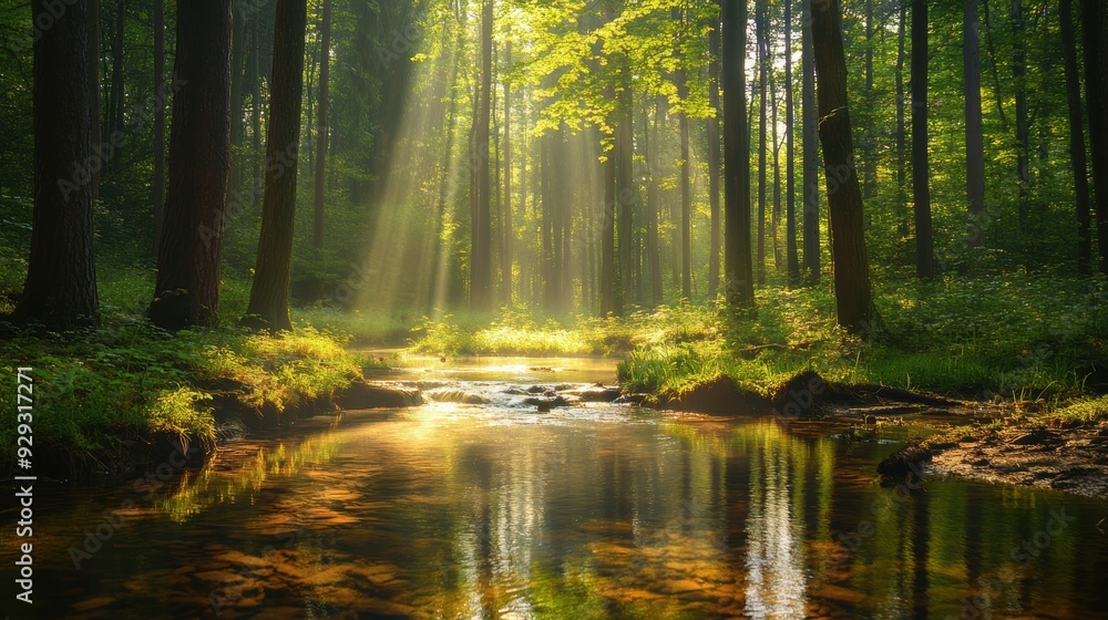 Obraz premium A serene forest scene with sunlight filtering through trees, reflecting on a tranquil stream.