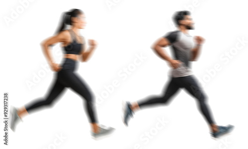 Motion blur running man woman silhouettes isolated on transparent background PNG for photo scenes