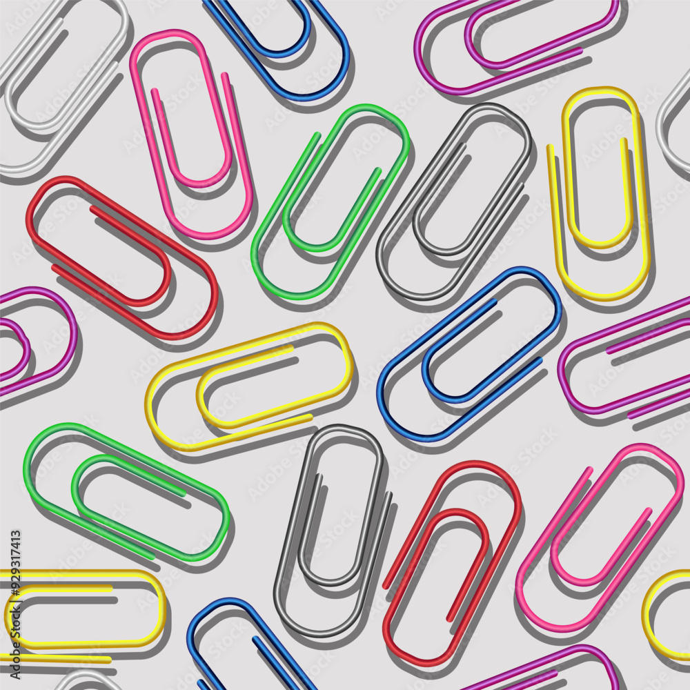 3d paper clips seamless pattern. Colorful bright clips seamless background. Colored paperclip background with shadows. Business or education background. Diversity and creativity concept. 3d paper clips seamless pattern. Colorful bright clips seamless background. Colored paperclip background with shadows. Business or education background. Diversity and creativity concept.