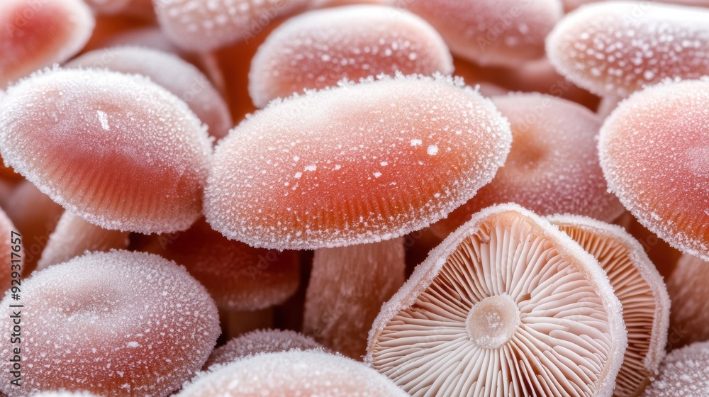 A close up of a bunch of mushrooms that are covered in frost, AI A close up of a bunch of mushrooms that are covered in frost, AI