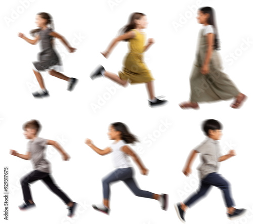 Motion blur running kids boy girl silhouettes isolated on transparent background PNG for photo scenes