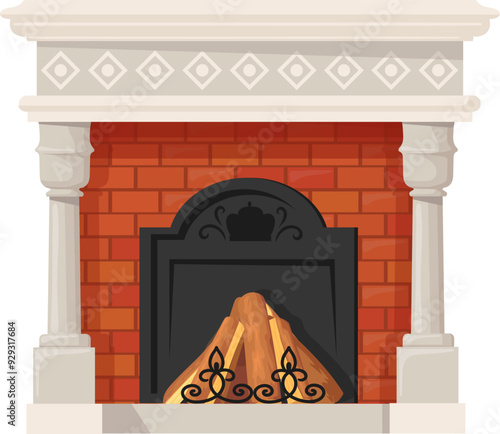 Stone fireplace. Cartoon interior heat stove icon