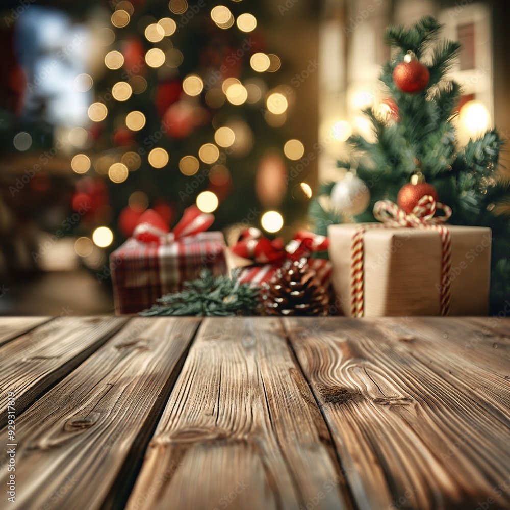 Empty wooden planks table with Christmas theme in background gift box and tree Empty wooden planks table with Christmas theme in background gift box and tree