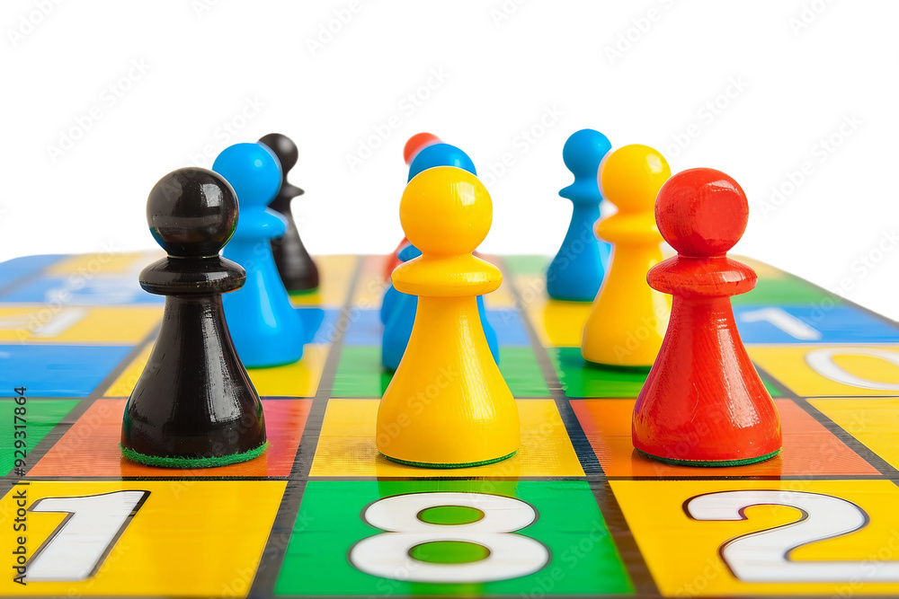 Board game pieces arranged on a bright and cheerful game board for leisurely gameplay. Board game pieces arranged on a bright and cheerful game board for leisurely gameplay.