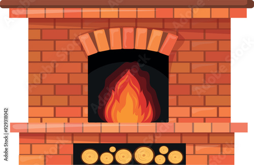 Brick fireplace with burning firewood. Cartoon home fire
