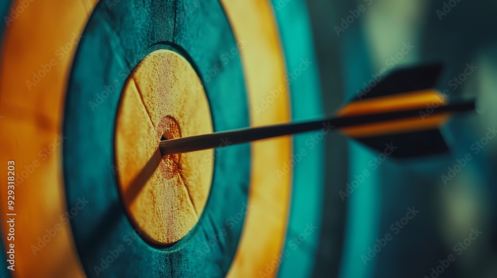 Arrow piercing the center of a circular target with blue and yellow rings. Arrow piercing the center of a circular target with blue and yellow rings.