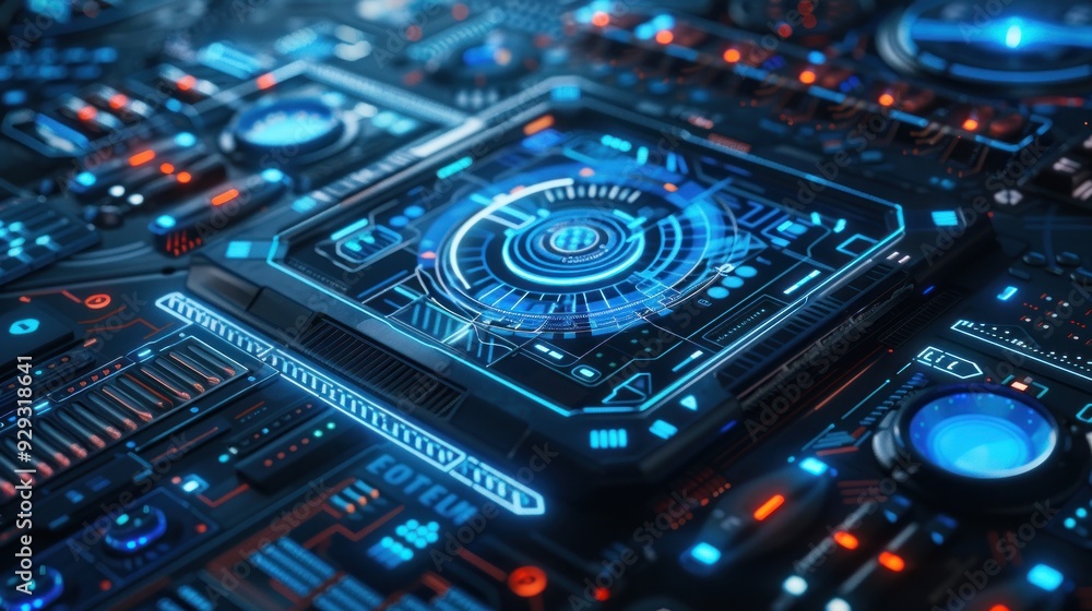 Futuristic Technology Interface with Blue and Red Lights Futuristic Technology Interface with Blue and Red Lights