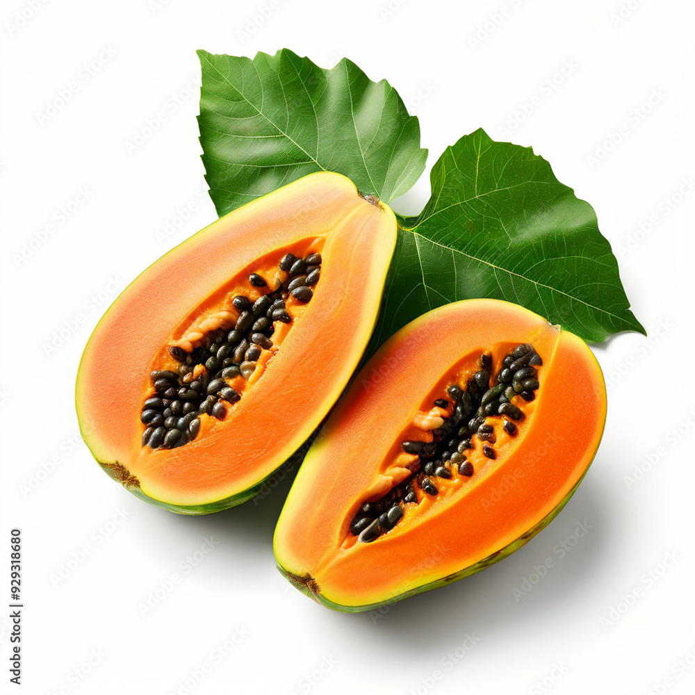 Ripe papaya half with black seeds isolated on white background Ripe papaya half with black seeds isolated on white background
