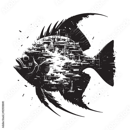 silhouette of Sunfish filled with destroyed futuristic dystopia environment in rough drawing