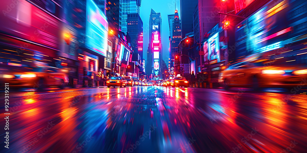 A blurred background of the city with an American flag, in the digital art style, New York City in motion blur, city lights and skyscrapers, a busy street scene with cars moving fast A blurred background of the city with an American flag, in the digital art style, New York City in motion blur, city lights and skyscrapers, a busy street scene with cars moving fast