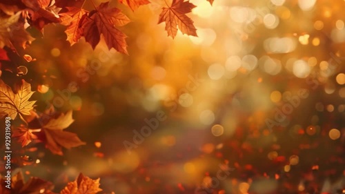 Golden autumn leaves falling against a blurred background of bokeh lights.