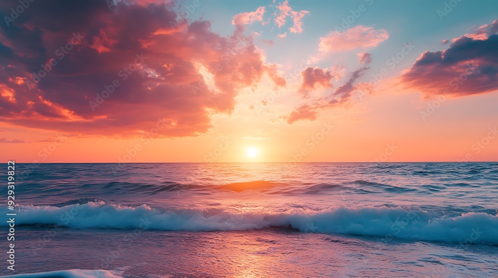 Beautiful sunset over ocean with pink and orange clouds, reflecting on the water. Beautiful sunset over ocean with pink and orange clouds, reflecting on the water.