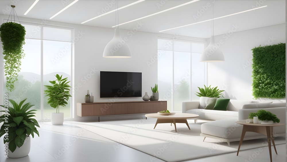 Fototapeta premium Interior of modern living room with white sofa, coffee table and tv - 3d rendering