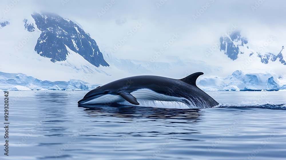 Obraz premium Black and white whale breaching in icy waters.