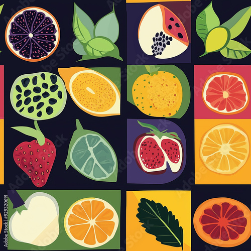 A seamless pattern with colorful, stylized fruit slices against a dark background. The bold, fresh design adds a playful and lively touch, ideal for kitchen decor.