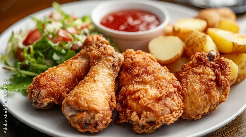 Bread, potatoes, salad, and crispy fried chicken drumsticks are served. Bread, potatoes, salad, and crispy fried chicken drumsticks are served.