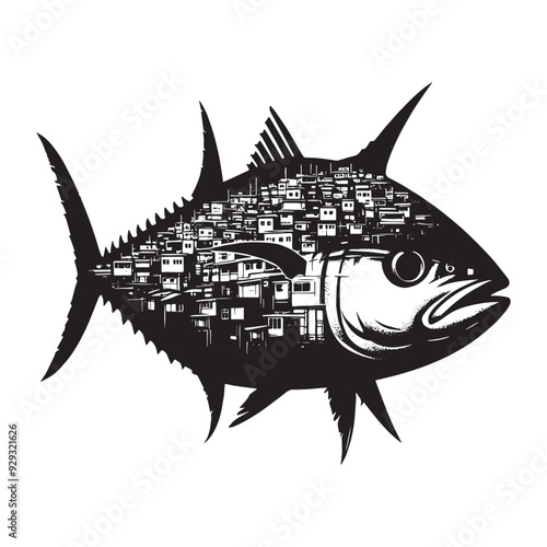 silhouette of Tuna filled with ghetto street in rough drawing