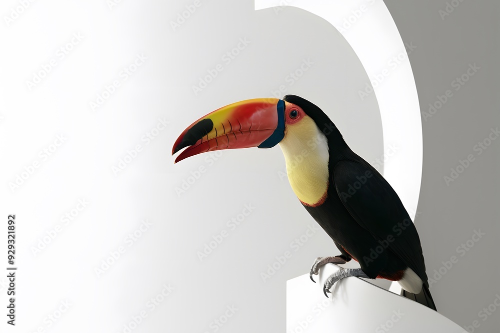Fototapeta premium Toucan Perched on a Branch with White Background, Wallpaper, Cover and Screen for Smartphone, Cell Phone, Computer, Laptop