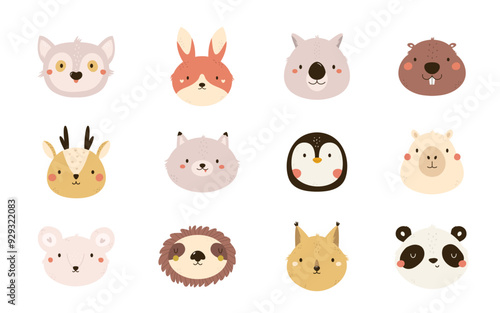 Set of hand drawn animal portraits, clip arts. Vector illustration of beaver, sloth, panda, deer, koala