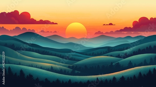   A sunset over mountains with trees in fg & hills in bg