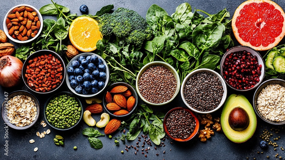 Fruits, veggies, nuts, spread across bowls in dark setting Fruits, veggies, nuts, spread across bowls in dark setting