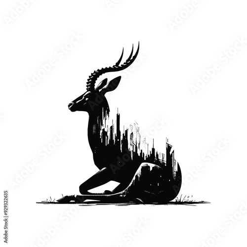 silhouette of Antelope, filled with destroyed futuristic dystopia environment in rough drawing,