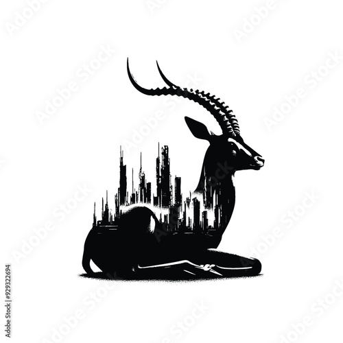 silhouette of Antelope, filled with destroyed futuristic dystopia environment in rough drawing,