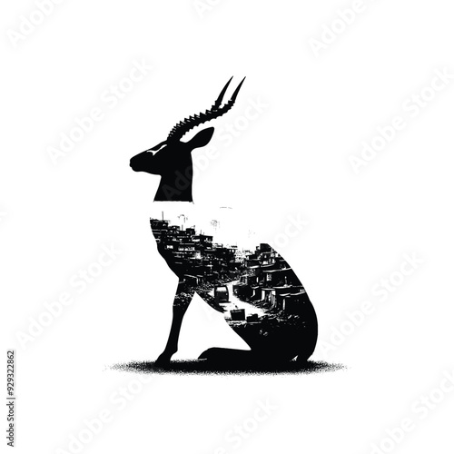 silhouette of Antelope, filled with ghetto street in rough drawing,