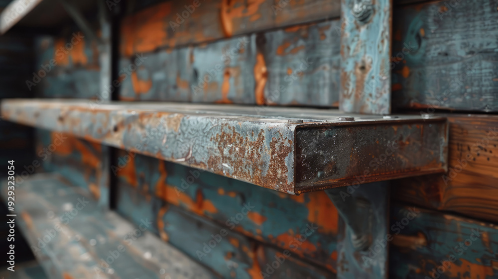 Close-up of an empty rustic shelf against a distressed wall. Close-up of an empty rustic shelf against a distressed wall.