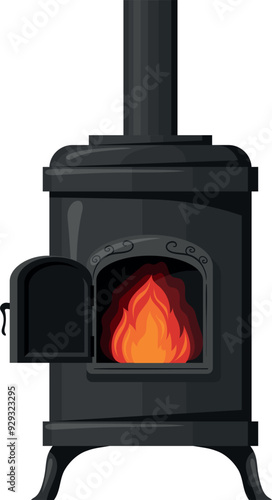Metal furnace with burning flame. Cartoon fire heat