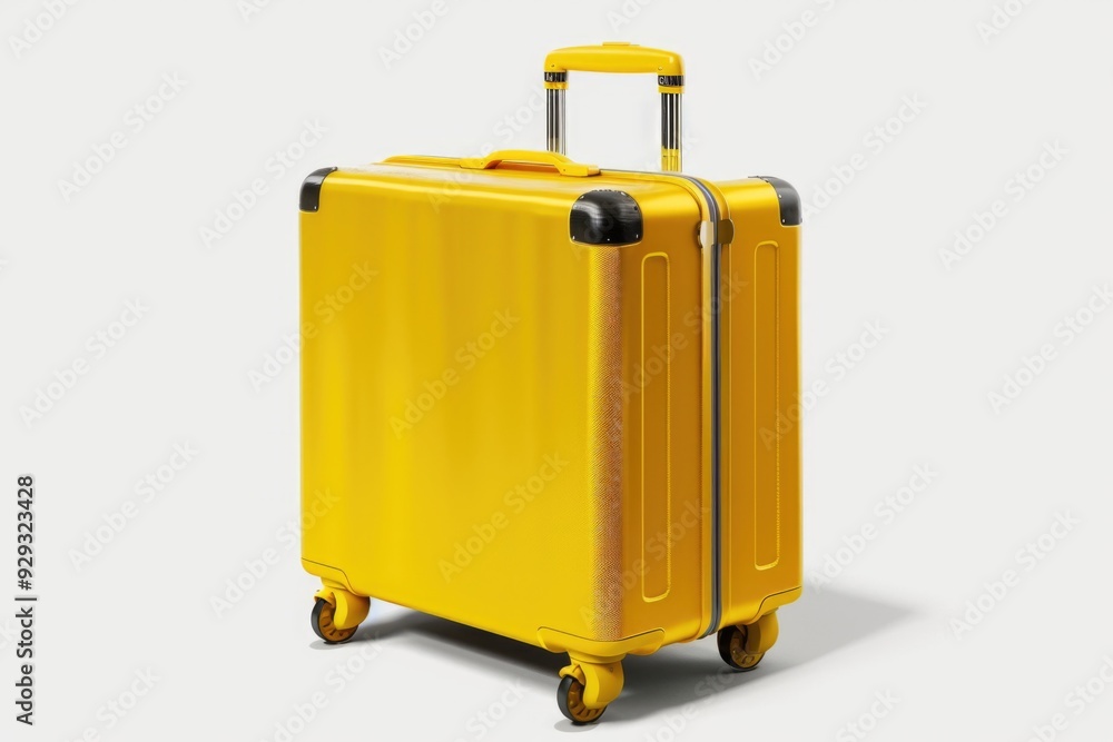 A yellow suitcase sits on a white floor, ready for travel or storage A yellow suitcase sits on a white floor, ready for travel or storage