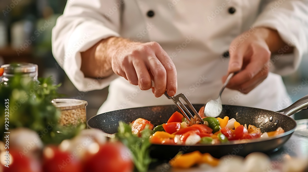 Chef tossing fresh vegetables in a pan. Chef tossing fresh vegetables in a pan.