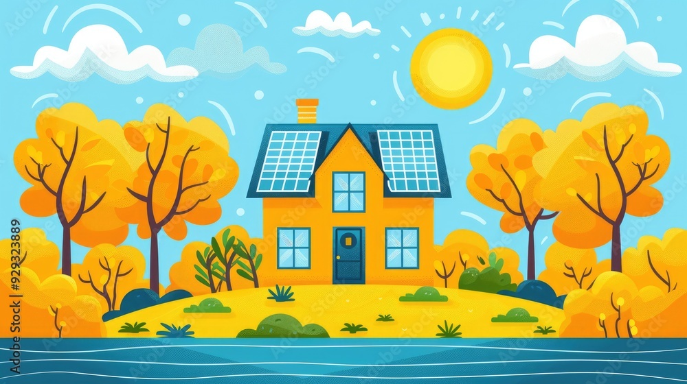 A cozy cartoon-style house with solar panels on the roof, located among autumn trees on the river bank, represents the principles of green living and renewable energy. A cozy cartoon-style house with solar panels on the roof, located among autumn trees on the river bank, represents the principles of green living and renewable energy.