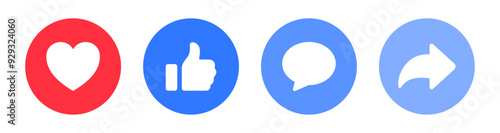 Like, comment, share icon button set. Social media notification icons : Thumbs up and love heart flat icon , social network user interface flat icons, post reactions. Vector illustration
