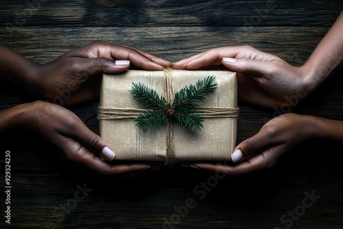 Rustic Christmas gift held by hands with pinecone and pine branch decoration photo