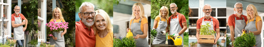 A group of smiling senior people, some wearing aprons, work in a garden shop. The shop has a window display featuring pink flowers. A group of smiling senior people, some wearing aprons, work in a garden shop. The shop has a window display featuring pink flowers.