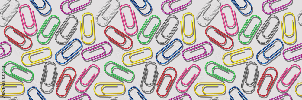 3d paper clips seamless pattern. Colorful bright clips seamless background. Colored paperclip background with shadows. Business or education background. Diversity and creativity concept. 3d paper clips seamless pattern. Colorful bright clips seamless background. Colored paperclip background with shadows. Business or education background. Diversity and creativity concept.
