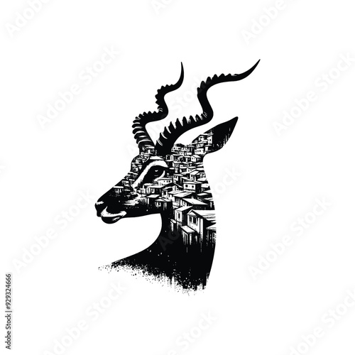 silhouette of Antelope, the interior of is filled with ghetto street in rough drawing,