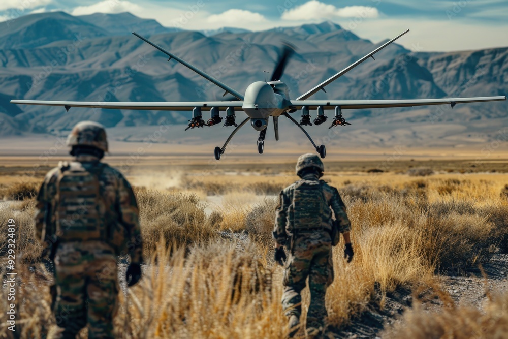 Two military personnel in camouflage gear approach a military plane, ready for deployment Two military personnel in camouflage gear approach a military plane, ready for deployment