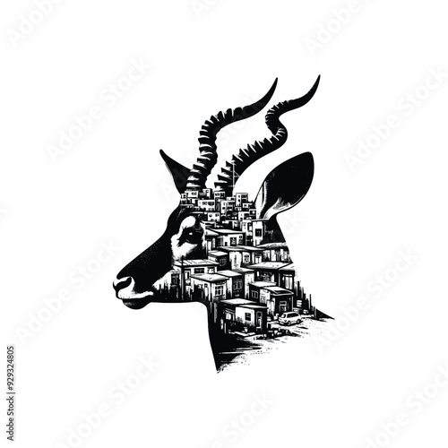 silhouette of Antelope, the interior of is filled with ghetto street in rough drawing,