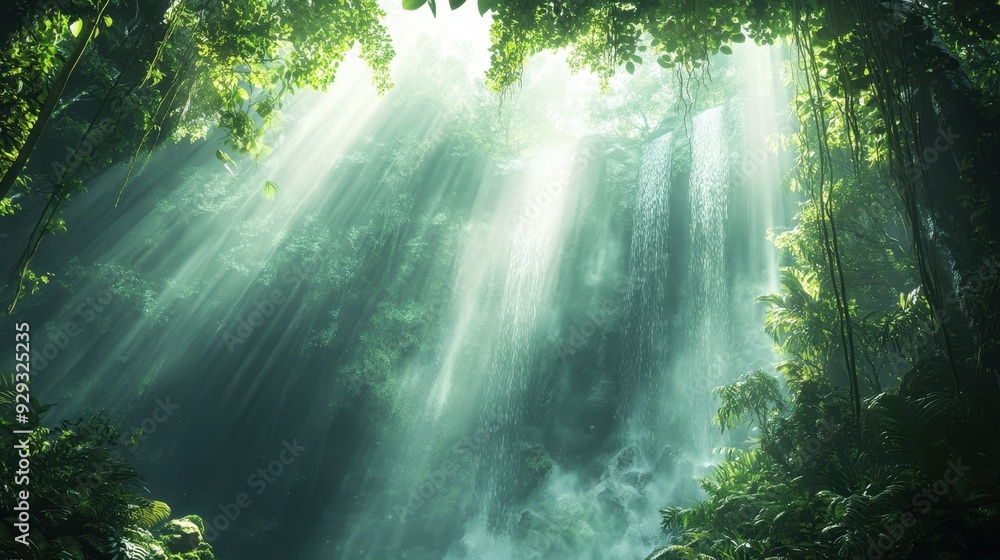 A serene jungle scene with cascading waterfalls and sunlight filtering through lush foliage. A serene jungle scene with cascading waterfalls and sunlight filtering through lush foliage.