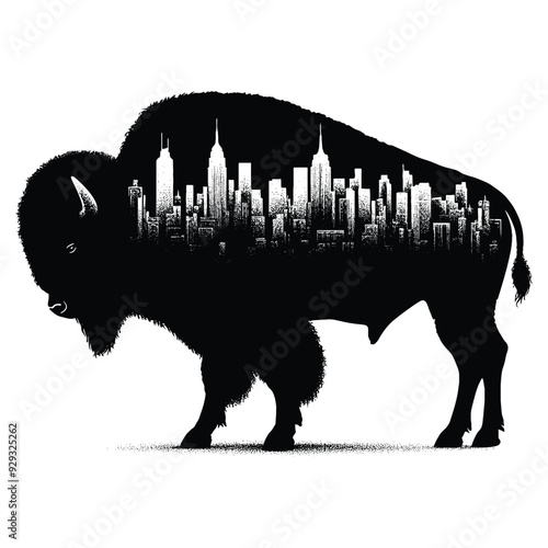 silhouette of Bison, filled with cityline in rough drawing,