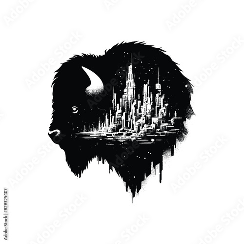 silhouette of Bison, filled with destroyed futuristic dystopia environment in rough drawing,