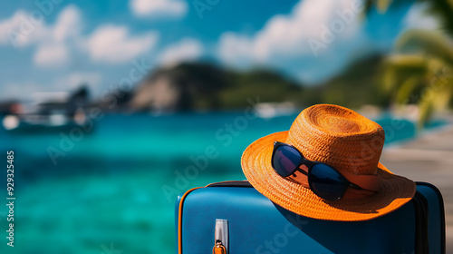 A straw hat and sunglasses sit on a suitcase, with a tropical beach and turquoise water in the background.  AI generated