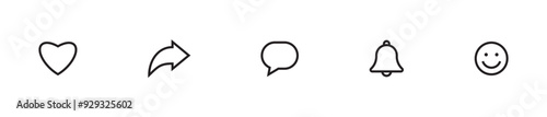 Like, comment, share icon set. social media notification icons , notification bell, smile face emoji and love favorite heart flat icons, post reactions collection set. Vector editable stroke