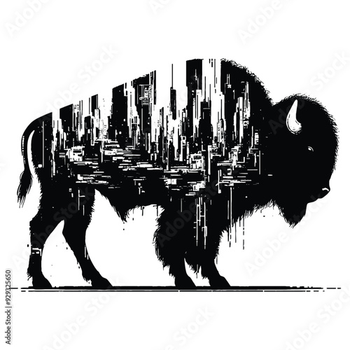 silhouette of Bison, filled with destroyed futuristic dystopia environment in rough drawing,