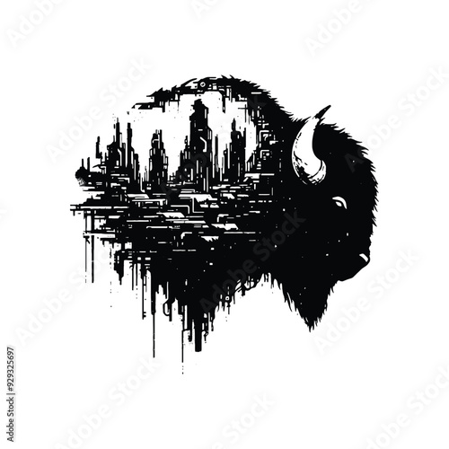 silhouette of Bison, filled with destroyed futuristic dystopia environment in rough drawing,