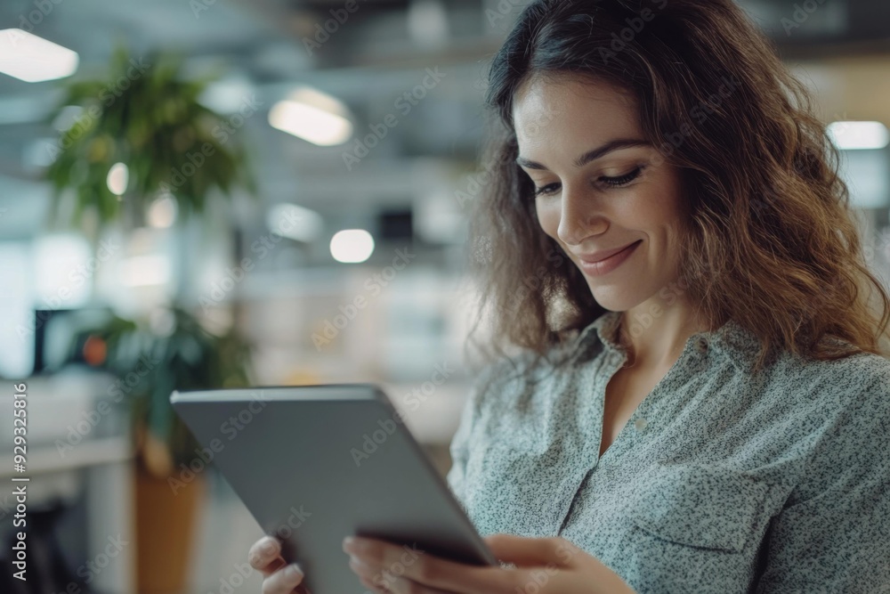 Smiling Young Woman Using Tablet in Modern Office Environment Smiling Young Woman Using Tablet in Modern Office Environment